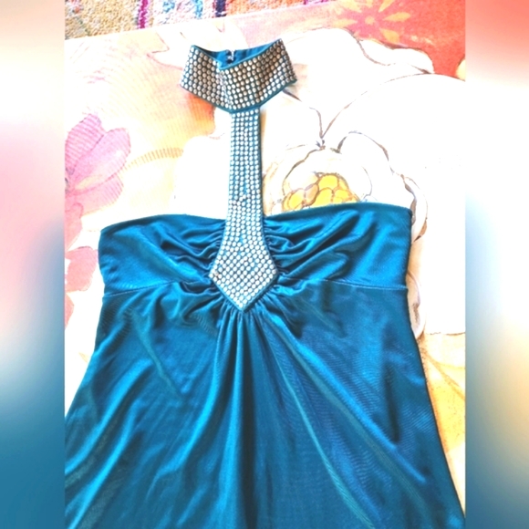 BEBE Teal Studded Silver Neck Choker Strapless Swingy Fun Slinky Mini Dress S - Picture 3 of 12